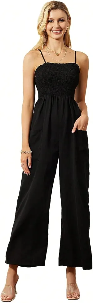 WDIRARA Women's Wide Leg Flowy Smocked Spaghetti Strap Casual Summer Pocket Jumpsuit