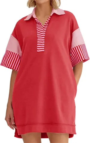 Wenrine Women's Polo V Neck T Shirt Dress Casual Summer Oversized Color Block Short Sleeve Sweatshirt Mini Dresses