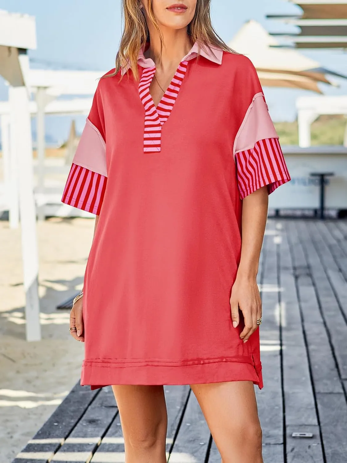 Wenrine Women's Polo V Neck T Shirt Dress Casual Summer Oversized Color Block Short Sleeve Sweatshirt Mini Dresses