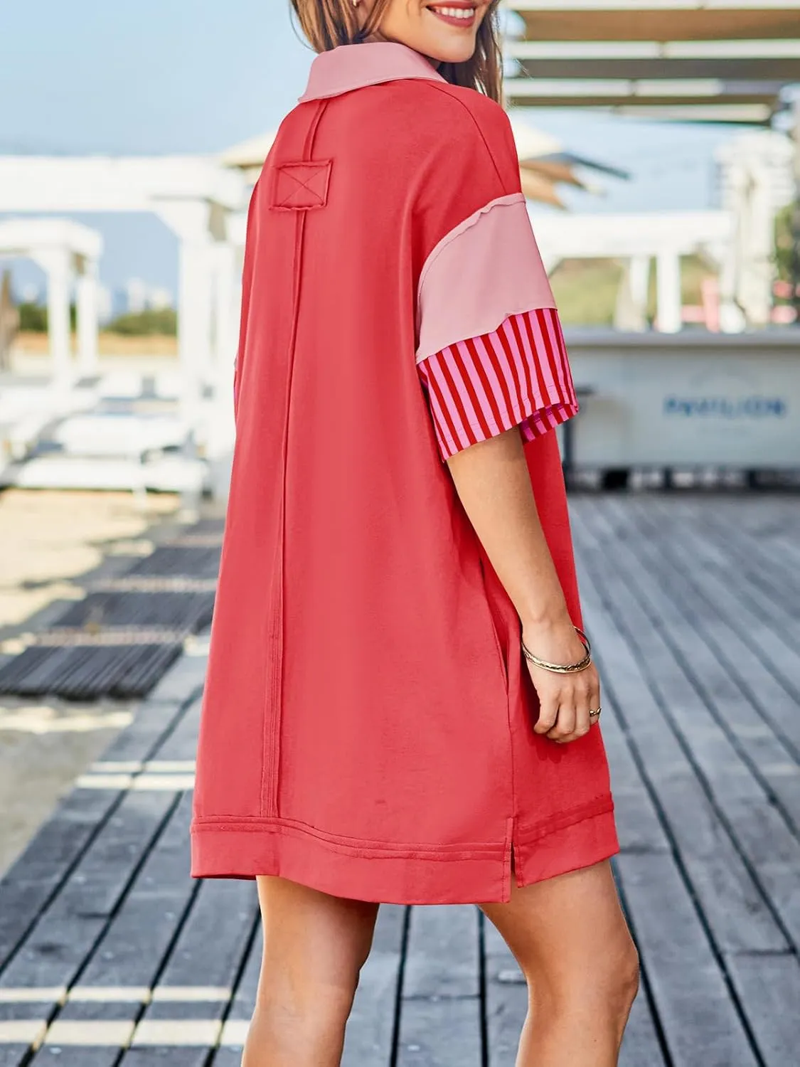 Wenrine Women's Polo V Neck T Shirt Dress Casual Summer Oversized Color Block Short Sleeve Sweatshirt Mini Dresses