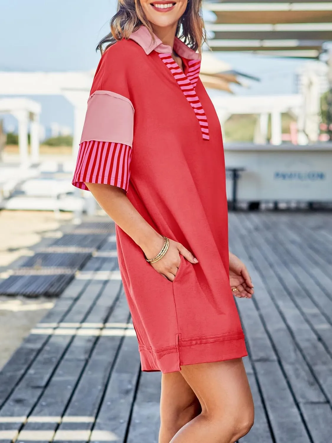 Wenrine Women's Polo V Neck T Shirt Dress Casual Summer Oversized Color Block Short Sleeve Sweatshirt Mini Dresses
