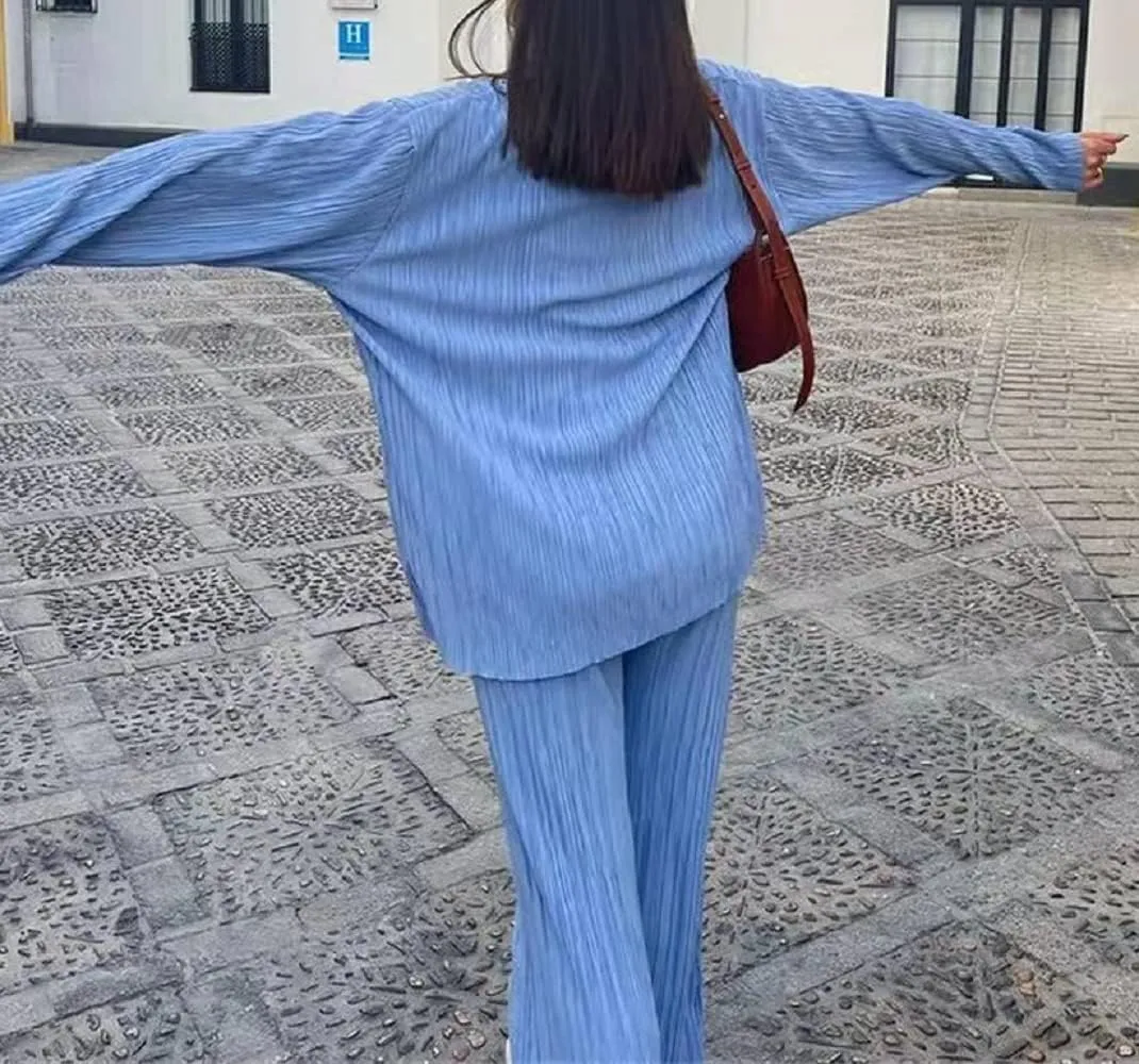 Women 2 Piece Pants Outfits Long Sleeve Button Down Shirts High Waist Long Pants Pleated Casual Summer Loungewear