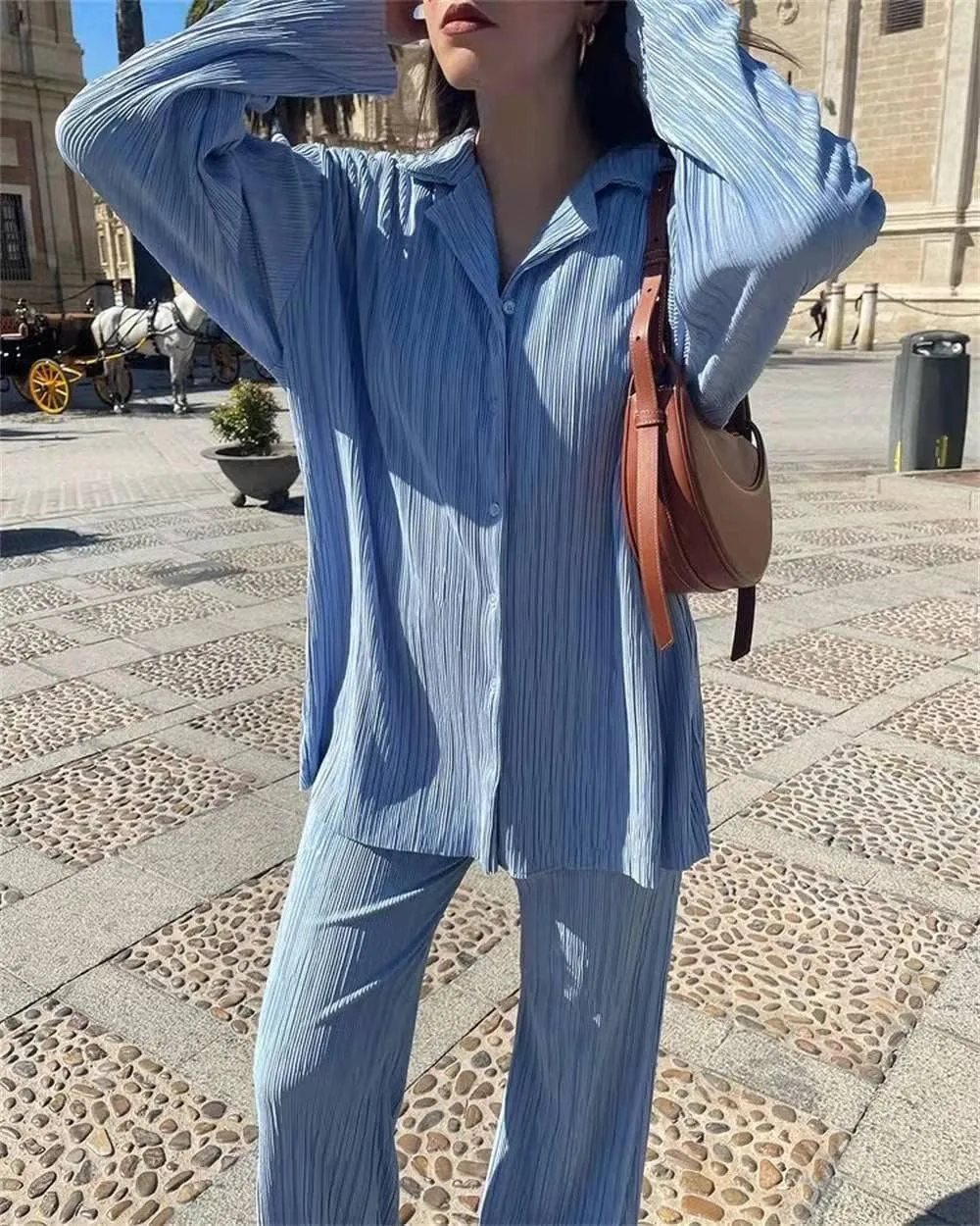 Women 2 Piece Pants Outfits Long Sleeve Button Down Shirts High Waist Long Pants Pleated Casual Summer Loungewear