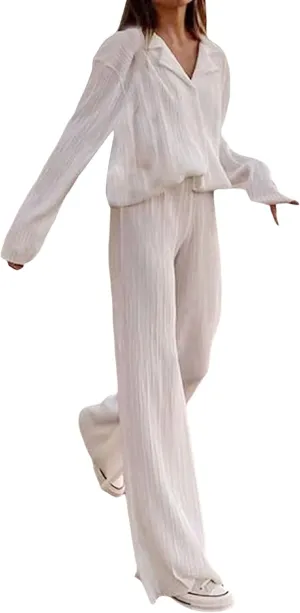 Women 2 Piece Pants Outfits Long Sleeve Button Down Shirts High Waist Long Pants Pleated Casual Summer Loungewear