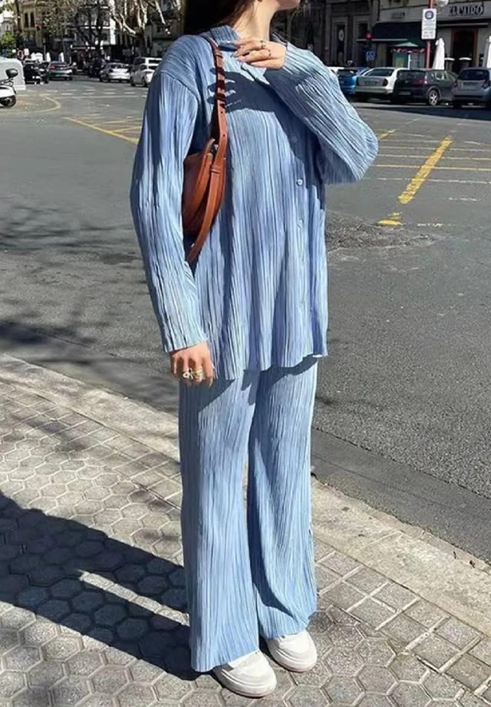 Women 2 Piece Pants Outfits Long Sleeve Button Down Shirts High Waist Long Pants Pleated Casual Summer Loungewear