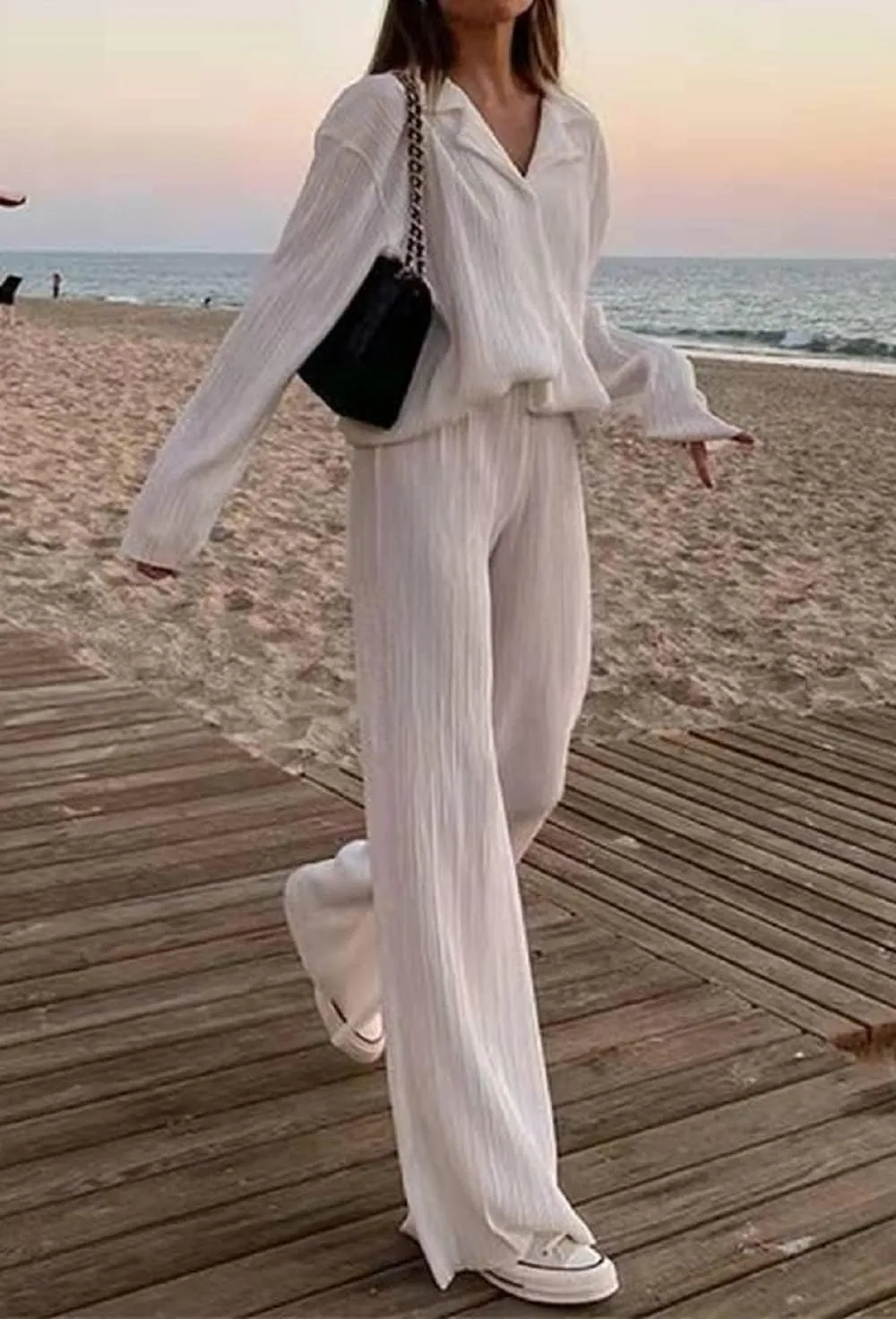 Women 2 Piece Pants Outfits Long Sleeve Button Down Shirts High Waist Long Pants Pleated Casual Summer Loungewear
