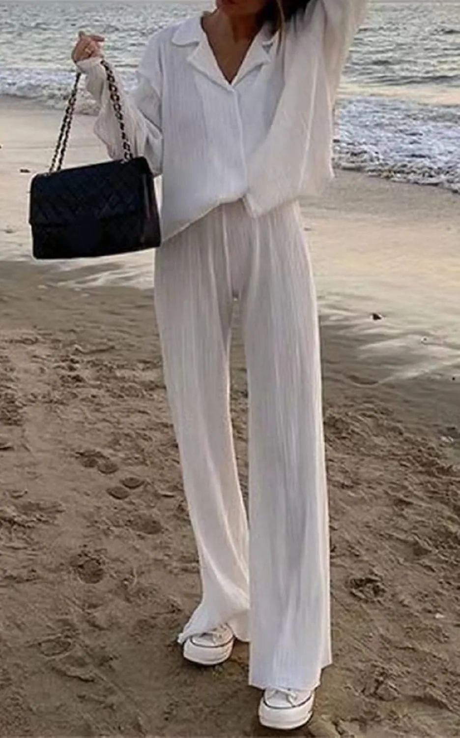 Women 2 Piece Pants Outfits Long Sleeve Button Down Shirts High Waist Long Pants Pleated Casual Summer Loungewear