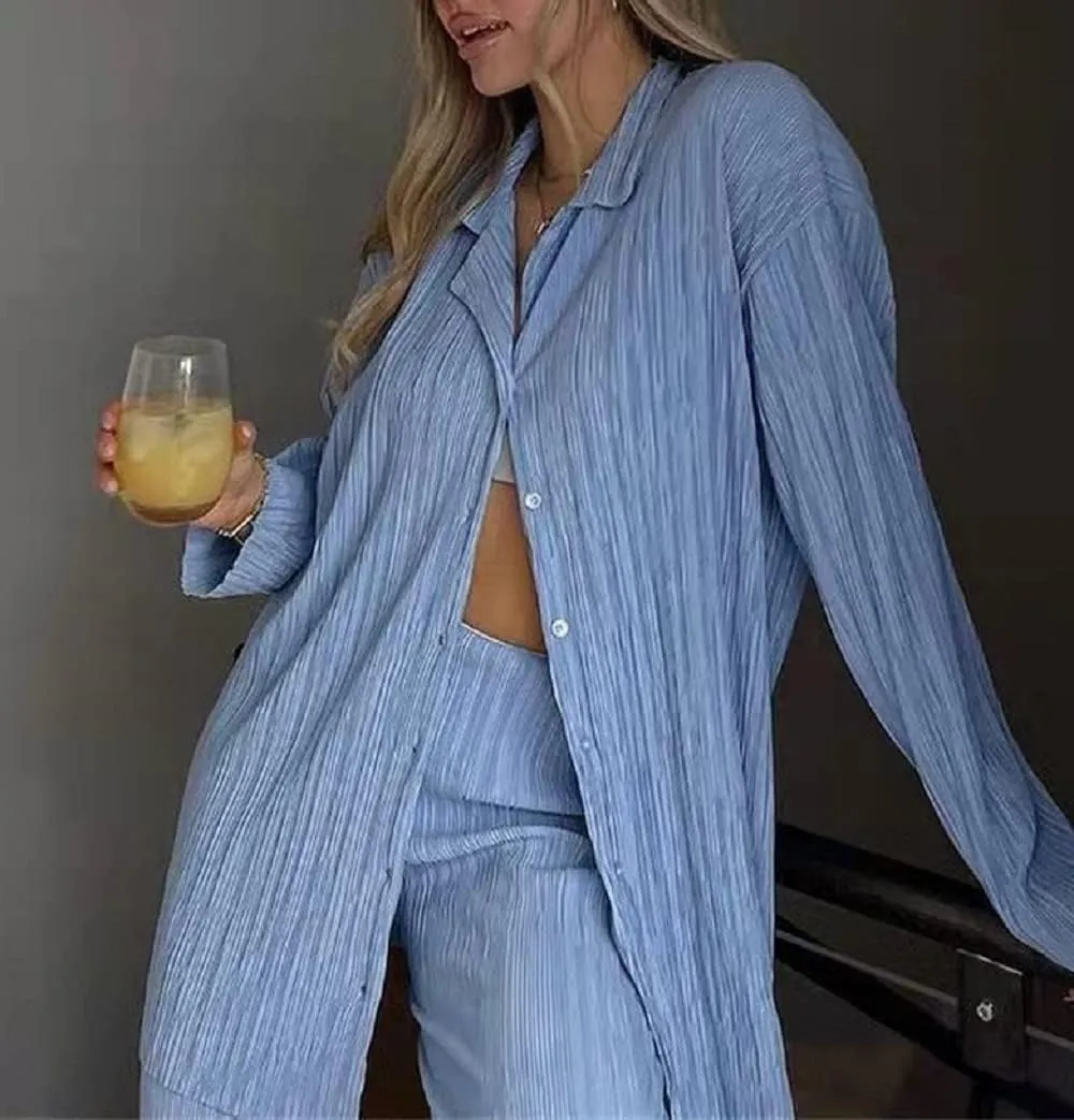 Women 2 Piece Pants Outfits Long Sleeve Button Down Shirts High Waist Long Pants Pleated Casual Summer Loungewear