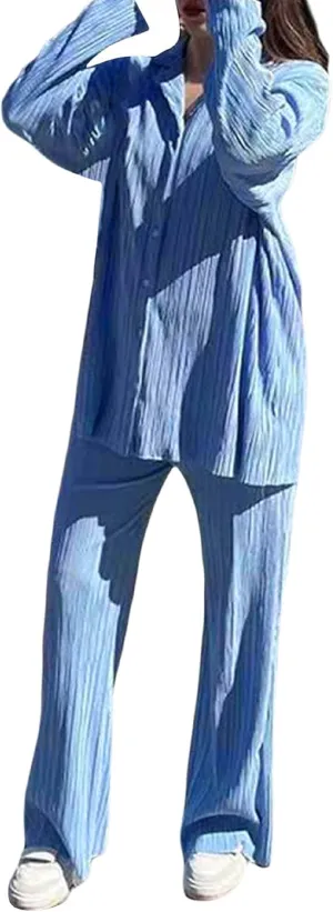 Women 2 Piece Pants Outfits Long Sleeve Button Down Shirts High Waist Long Pants Pleated Casual Summer Loungewear