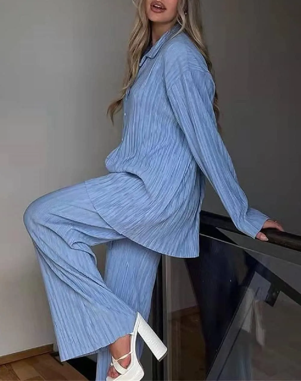 Women 2 Piece Pants Outfits Long Sleeve Button Down Shirts High Waist Long Pants Pleated Casual Summer Loungewear