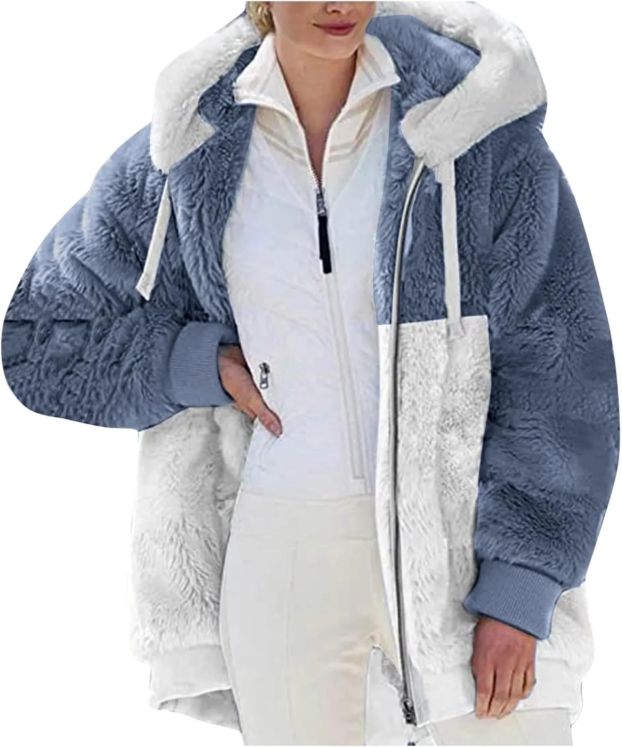 Women 2023 Winter Fuzzy Fleece Coat Plus Size Plush Fluffy Sweatshirt Hoodie with Pockets Parka Loose Blazer Hooded