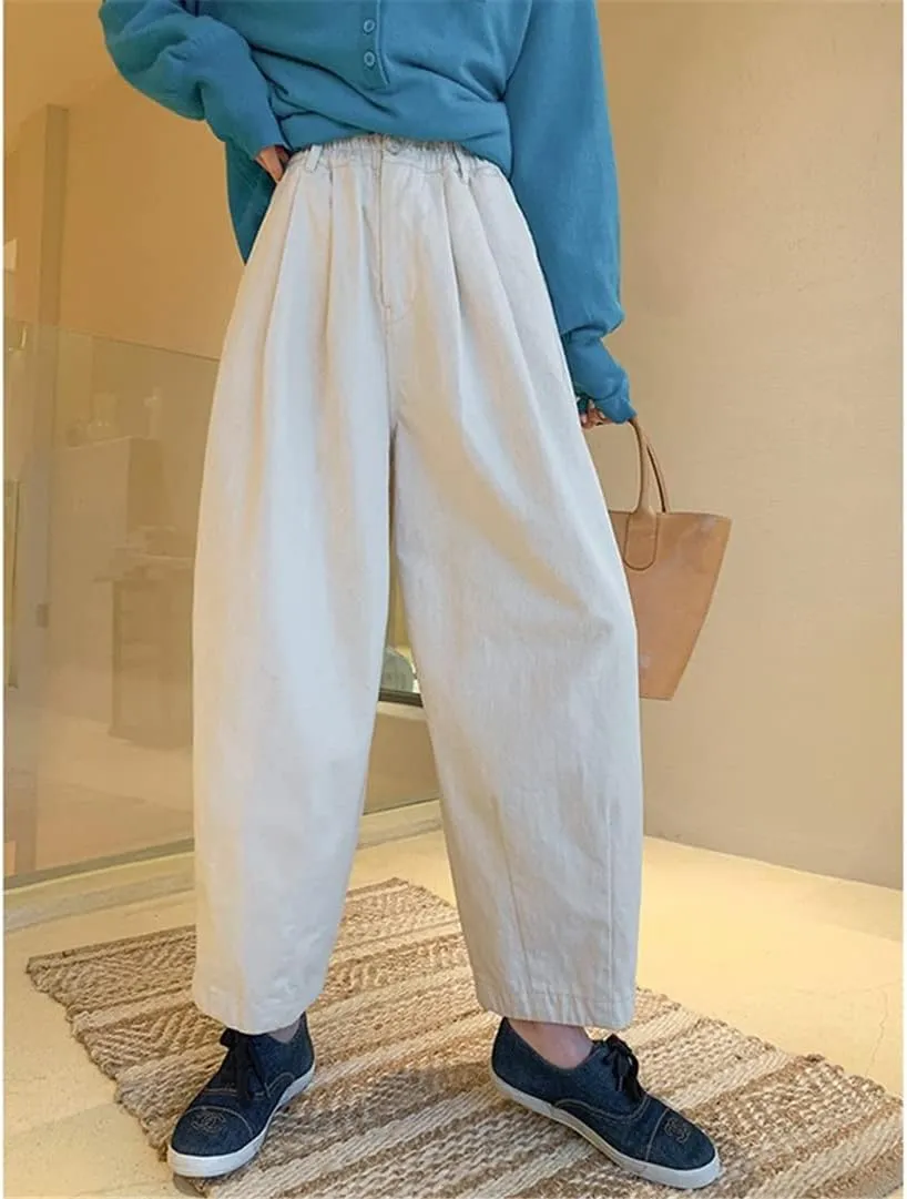 Women All-Matched Vintage Cotton Ankle-Length Pants Casual Loose Elastic Waist Harem Pants