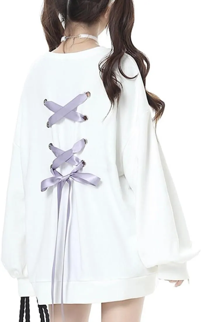 Women Back Lace Up Sweatshirt Long Sleeve Crew Neck Pullover Cute Style Outwear