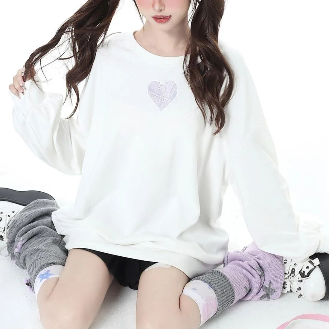Women Back Lace Up Sweatshirt Long Sleeve Crew Neck Pullover Cute Style Outwear