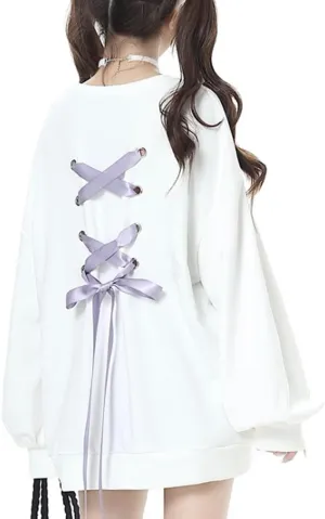 Women Back Lace Up Sweatshirt Long Sleeve Crew Neck Pullover Cute Style Outwear