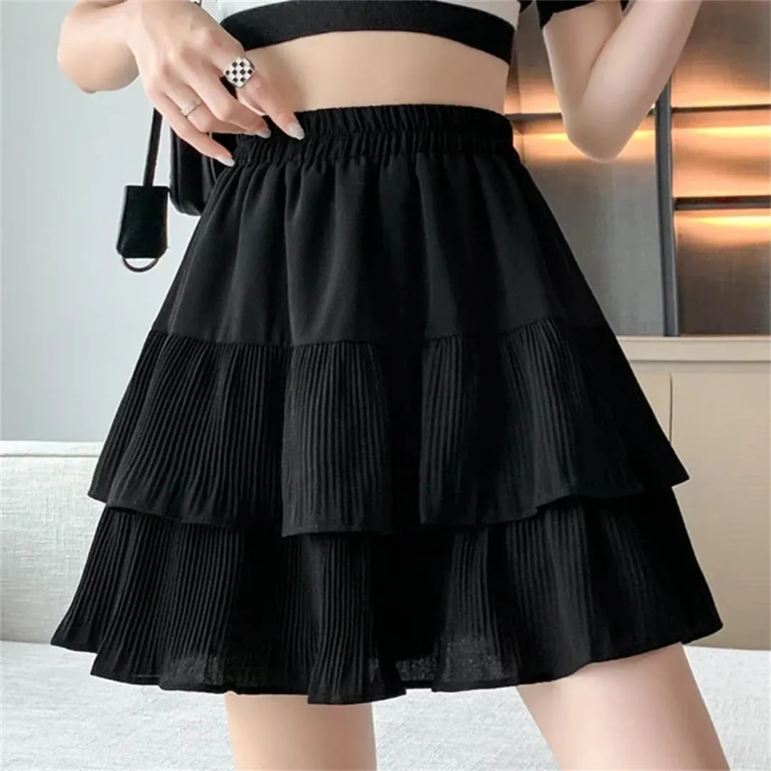 Women Casual Summer Ball Gown Pleated Skirts Clothing High Waist Black White A Line Mini Skirt