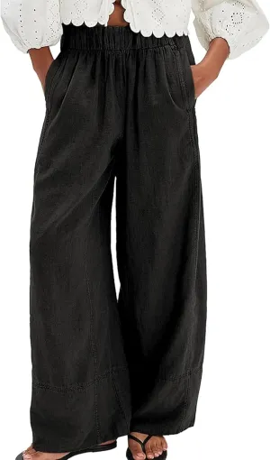Women Cotton Linen Wide Leg Pants Elastic Waist Baggy Casual Flowy Trousers Vacation Outfits with Pockets