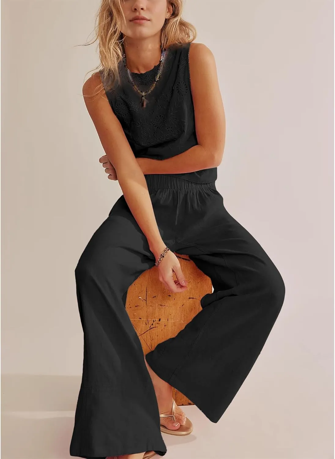 Women Cotton Linen Wide Leg Pants Elastic Waist Baggy Casual Flowy Trousers Vacation Outfits with Pockets
