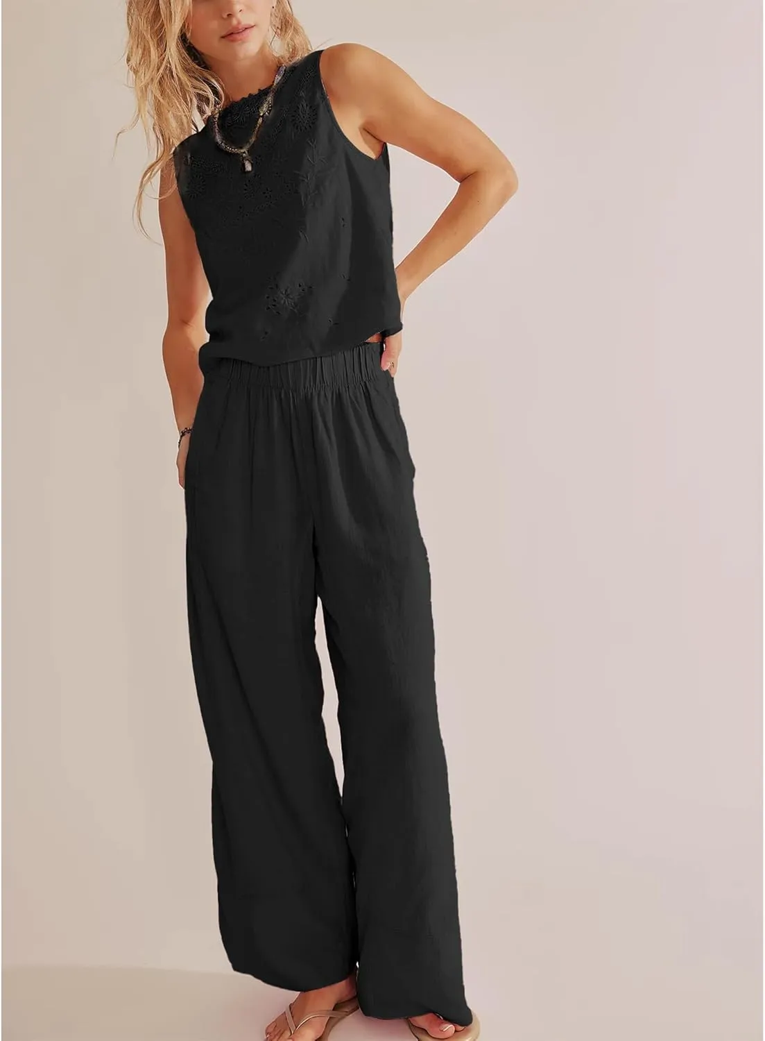 Women Cotton Linen Wide Leg Pants Elastic Waist Baggy Casual Flowy Trousers Vacation Outfits with Pockets