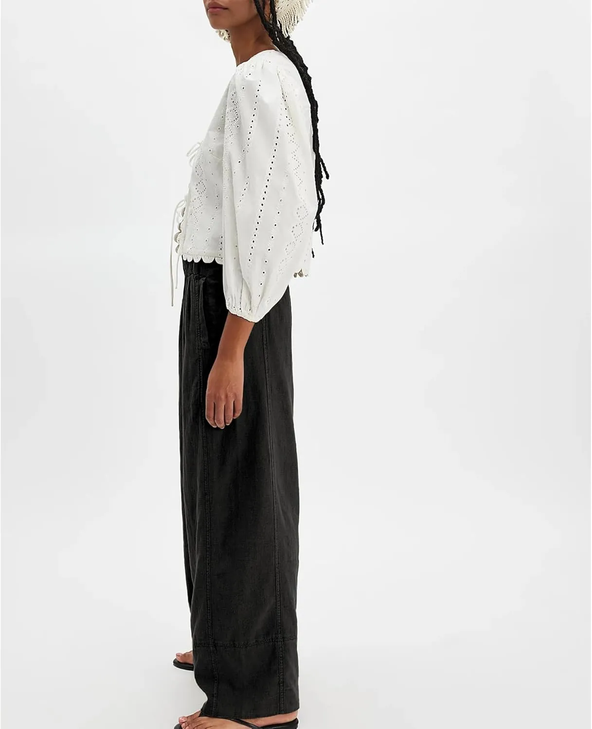 Women Cotton Linen Wide Leg Pants Elastic Waist Baggy Casual Flowy Trousers Vacation Outfits with Pockets