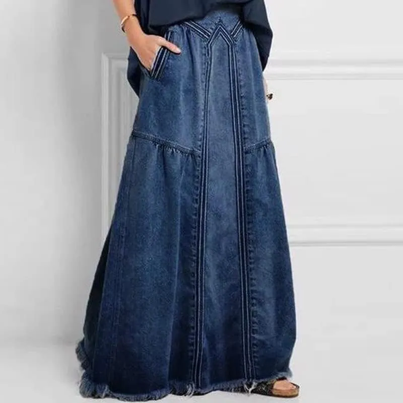 Women High Waisted Emo Jean Skirt A Line Long Denim Skirts Y2K Preppy Maxi Denim Skirt Vintage Frayed Hem Skirt