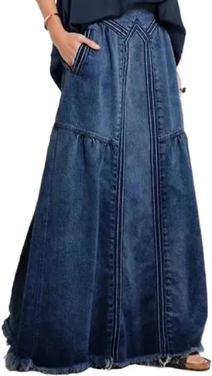Women High Waisted Emo Jean Skirt A Line Long Denim Skirts Y2K Preppy Maxi Denim Skirt Vintage Frayed Hem Skirt