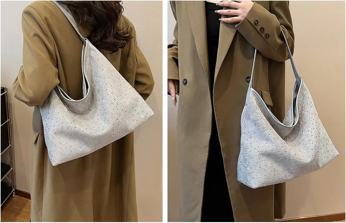 Women Hobo Shoulder Bags Rhinestone Large Purse and Handbags Sparkly Tote Bag