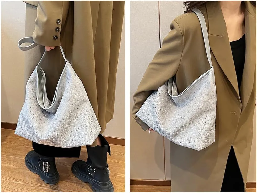 Women Hobo Shoulder Bags Rhinestone Large Purse and Handbags Sparkly Tote Bag