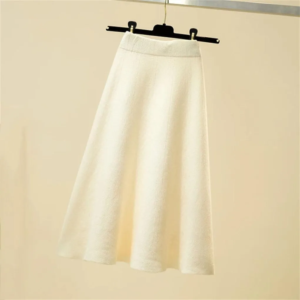 Women Knitted Midi Skirt Women High Waist Pleated Skirts Slim A Line Skirt Casual Solid Skirt