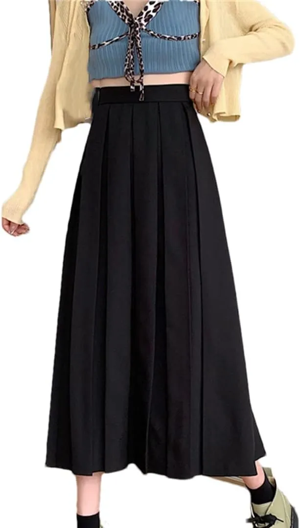 Women Long Black Pleated Skirt High Waist A Line Korean Summer Vintage Midi Skirts Girl Spring School Skirts