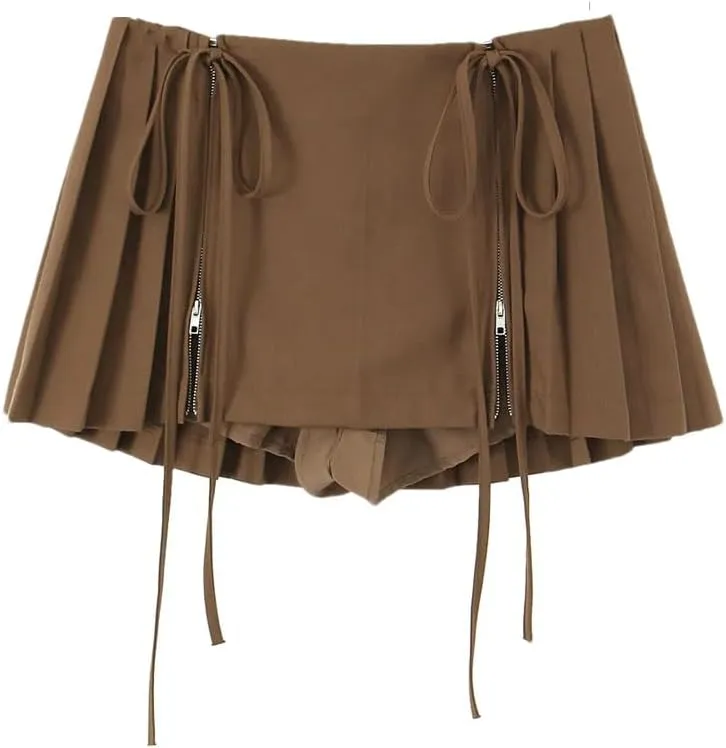Women Pleated Skirts Womens Mini Shorts Drawstring Mini Skirt Lace Bow Zip Up Skirt