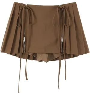 Women Pleated Skirts Womens Mini Shorts Drawstring Mini Skirt Lace Bow Zip Up Skirt