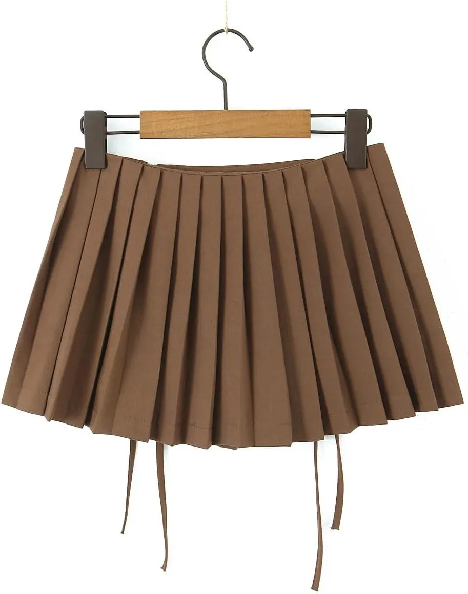 Women Pleated Skirts Womens Mini Shorts Drawstring Mini Skirt Lace Bow Zip Up Skirt
