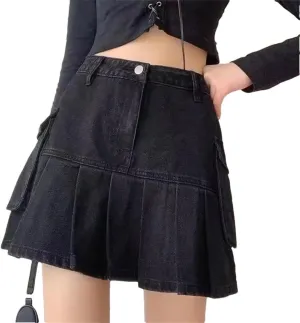 Women Plus Size High-Waisted A- Line Skirt Slimming Denim for Spring Summer Vintage Style Pleated Skirt