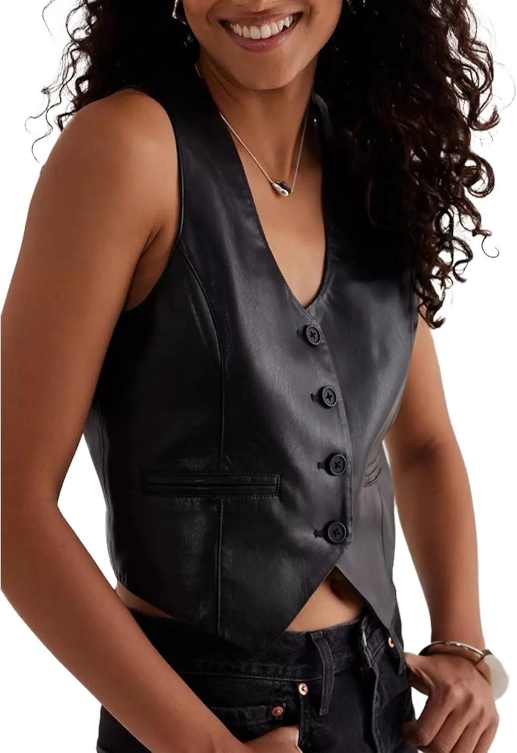 Women Sexy Crop Pu Leather Vest Slim Fit Button V-Neck Waistcoats Faux Leather Motorcycle Streetwear