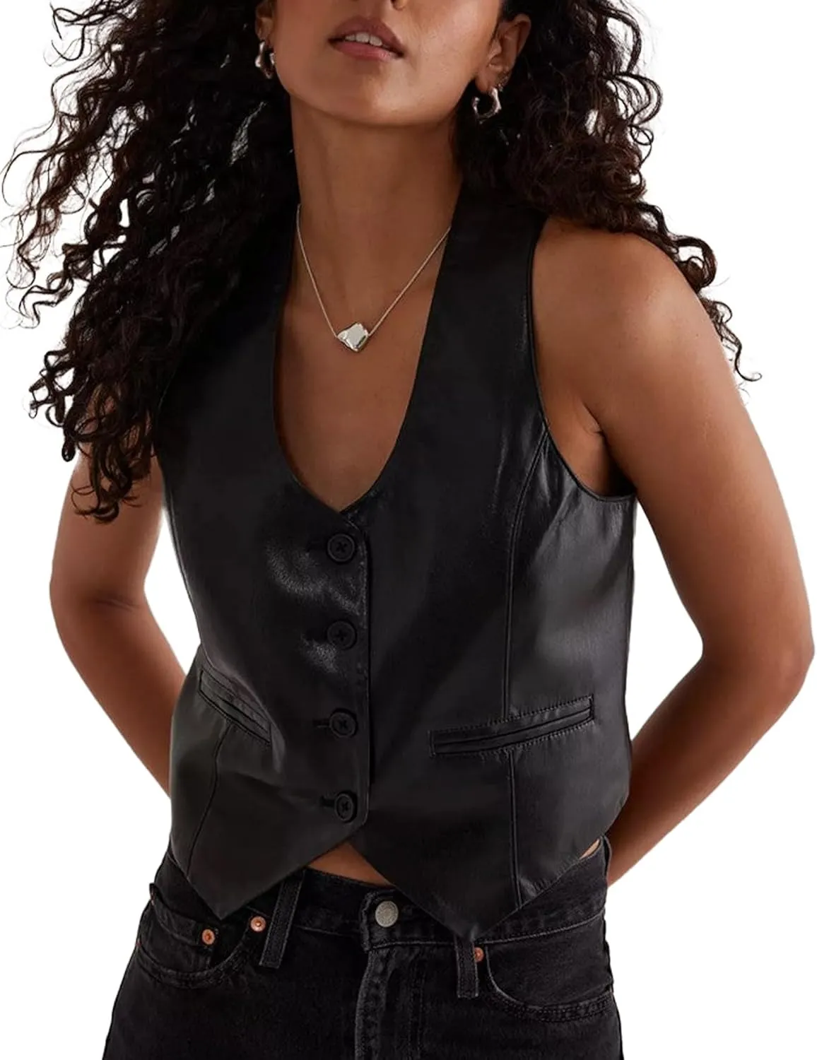 Women Sexy Crop Pu Leather Vest Slim Fit Button V-Neck Waistcoats Faux Leather Motorcycle Streetwear