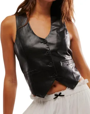 Women Sexy Crop Pu Leather Vest Slim Fit Button V-Neck Waistcoats Faux Leather Motorcycle Streetwear