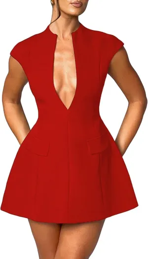 Women Sexy Mini Dress Deep V Neck Cap Sleeve A Line Dress Short Formal Dresses Party Club