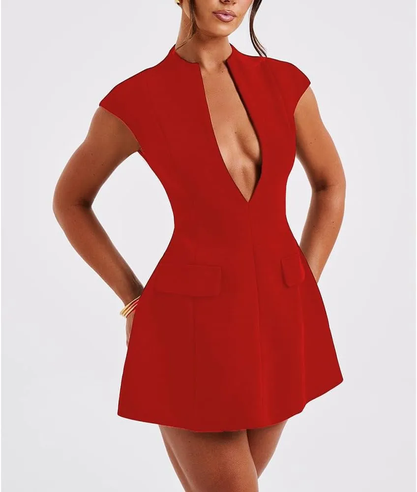 Women Sexy Mini Dress Deep V Neck Cap Sleeve A Line Dress Short Formal Dresses Party Club