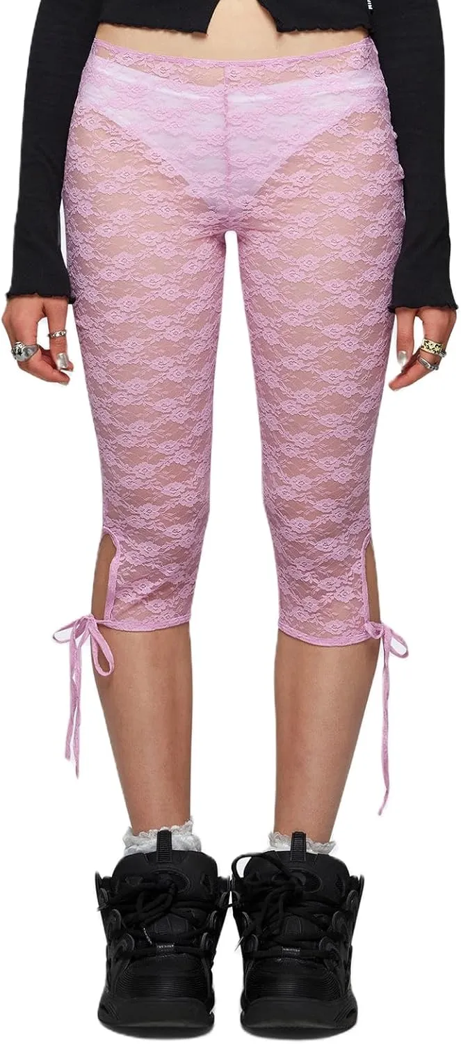 Women Sheer Floral Lace Leggings Capris Y2K See Through Knee Length Tights Thigh High Stockings