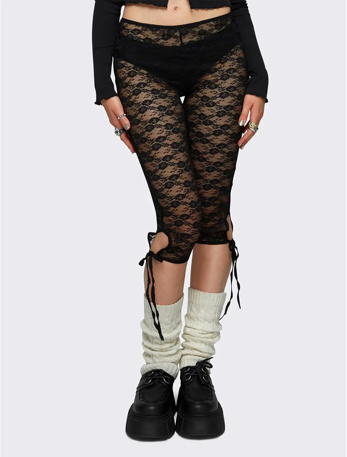 Women Sheer Floral Lace Leggings Capris Y2K See Through Knee Length Tights Thigh High Stockings