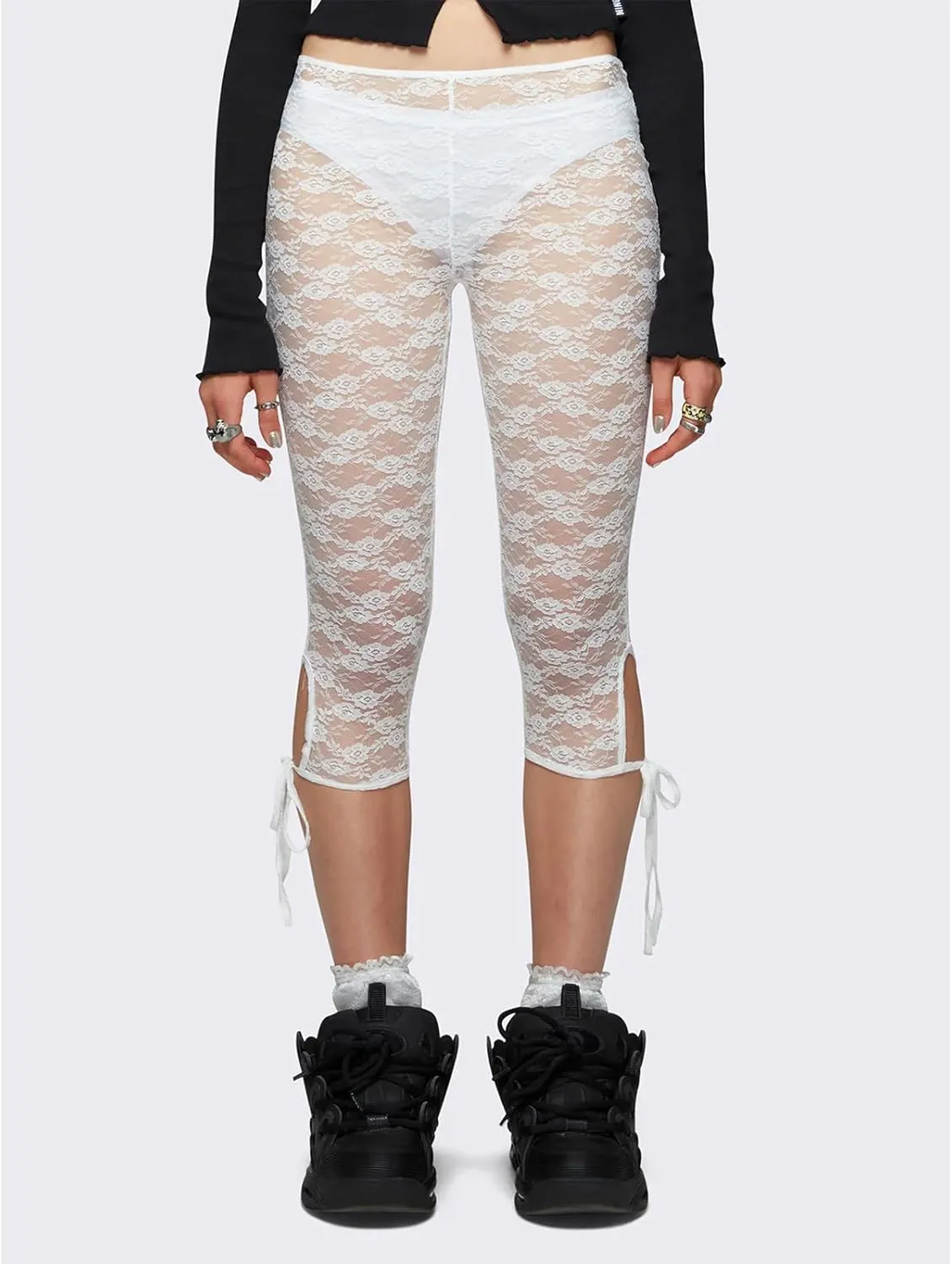 Women Sheer Floral Lace Leggings Capris Y2K See Through Knee Length Tights Thigh High Stockings
