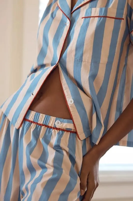 Women Striped 2 Piece Pajama Set Long Sleeve Button Down Blouse Gingham Wide Leg Lounge Pants Sets Sleepwear