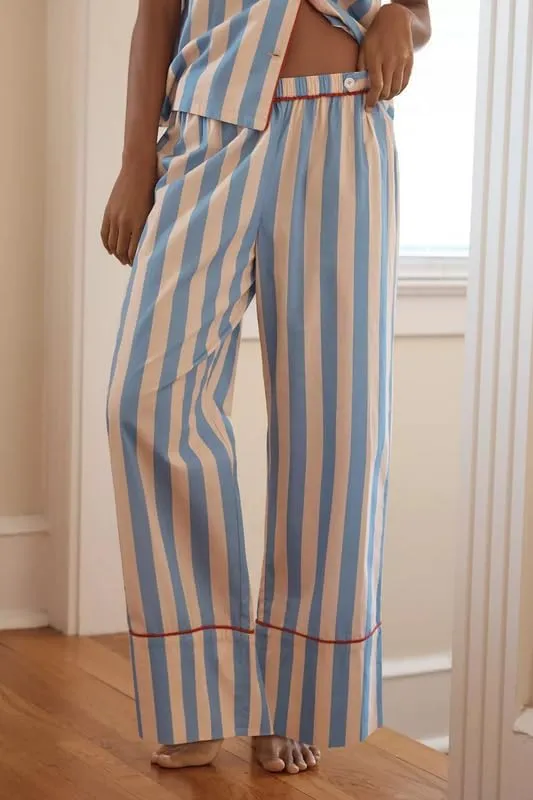Women Striped 2 Piece Pajama Set Long Sleeve Button Down Blouse Gingham Wide Leg Lounge Pants Sets Sleepwear