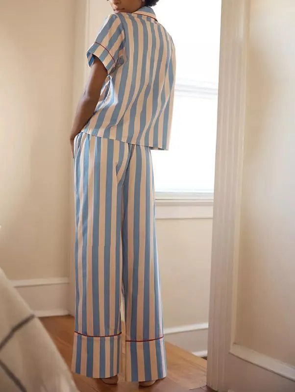 Women Striped 2 Piece Pajama Set Long Sleeve Button Down Blouse Gingham Wide Leg Lounge Pants Sets Sleepwear
