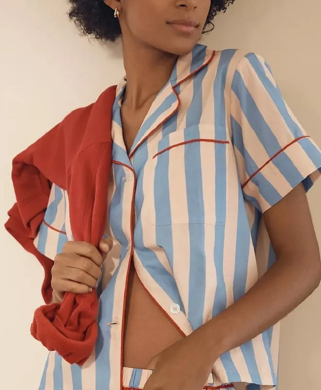 Women Striped 2 Piece Pajama Set Long Sleeve Button Down Blouse Gingham Wide Leg Lounge Pants Sets Sleepwear