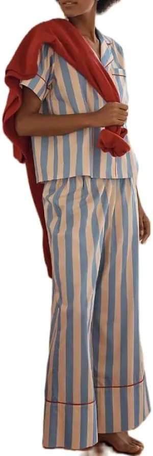 Women Striped 2 Piece Pajama Set Long Sleeve Button Down Blouse Gingham Wide Leg Lounge Pants Sets Sleepwear