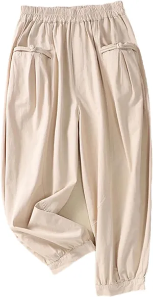 Women Vintage Cotton Pants Elastic Waist Loose Casual Harem Pants Pockets Buttons Trousers