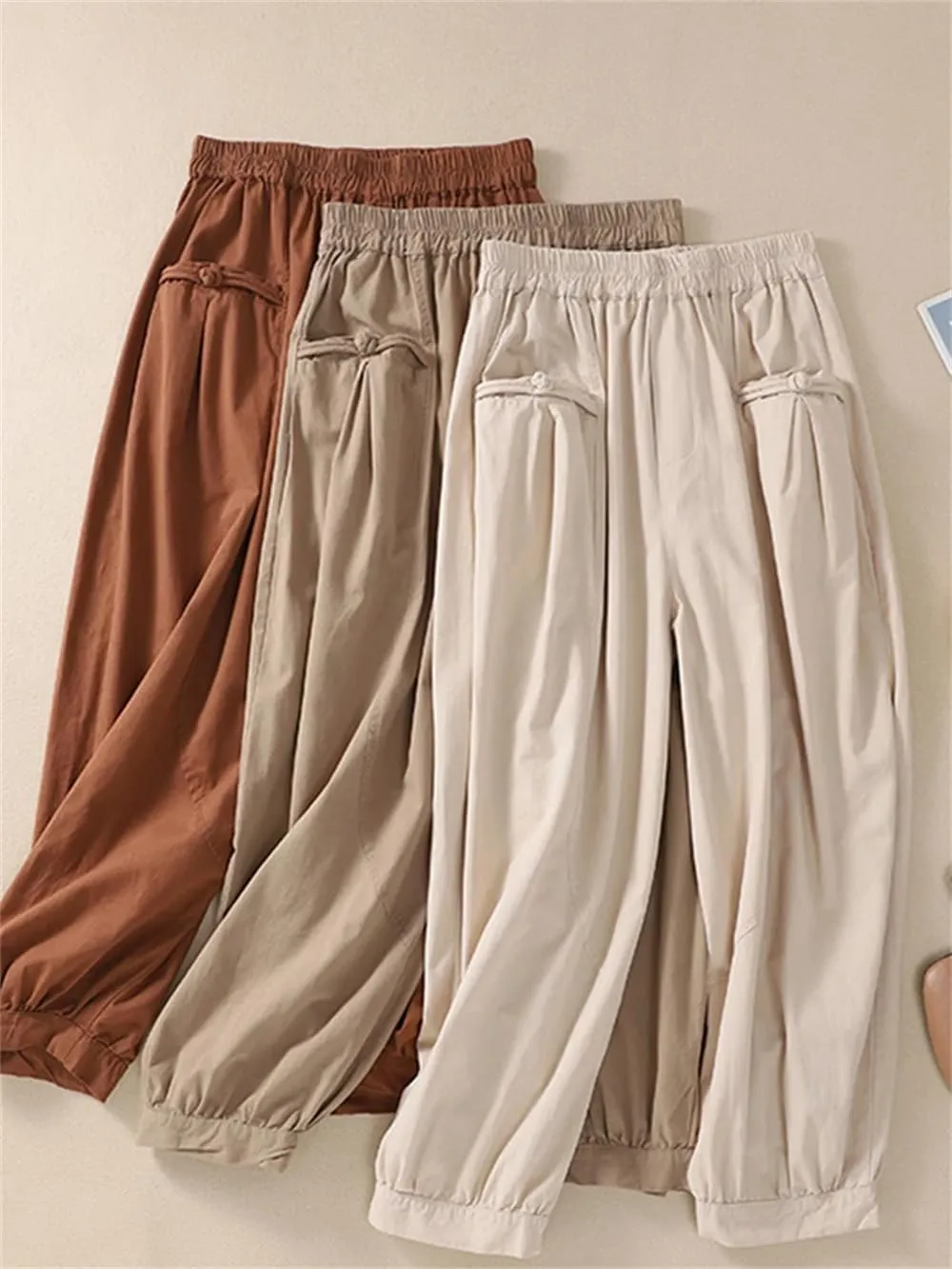 Women Vintage Cotton Pants Elastic Waist Loose Casual Harem Pants Pockets Buttons Trousers