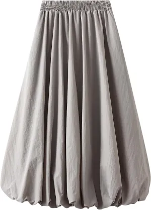 Women Y2k Bubble Maxi Skirt Midi Waist Flowy Balloon Skirt A Line Long Pleated Skirt Casual Ruffle Midi Skirt